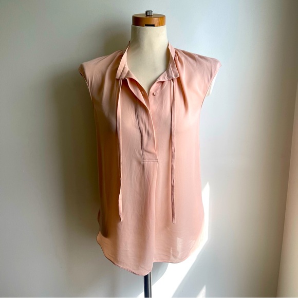 Vince Blush Pink 100% Silk Chiffon Sleeveless Blouse Bow Neck Tie XS Extra Small - Picture 1 of 8